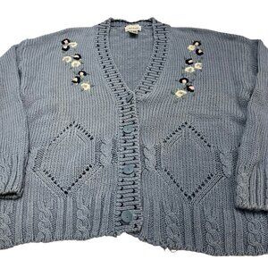 62 East Cardigan Sweater Womens L Blue Floral Embroidered Open Knit Cottagecore